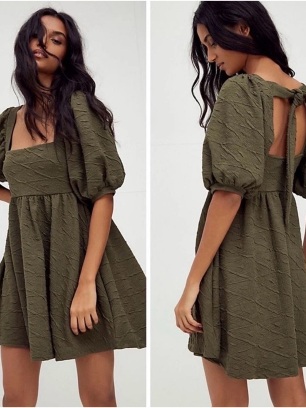 Free People Olive Green Textured Puff-Sleeve Mini Dress - Picture 1 of 4